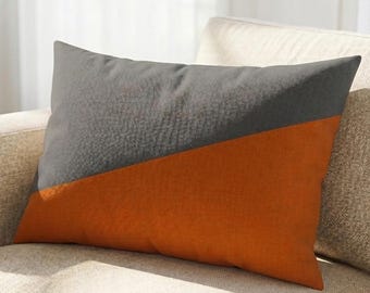 Burnt Orange Lumbar Pillow Cover, Geometric Rectangle Cushion, Grey Orange Modern Retro