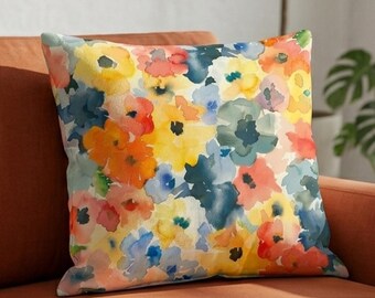 Abstract Floral Pillow - Modern Watercolor Flower Cushion Cover - Vibrant Orange Teal Home Decor
