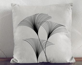 Modern Ginkgo Leaf Line Art Cushion, Abstract Botanical Print in Warm Grey