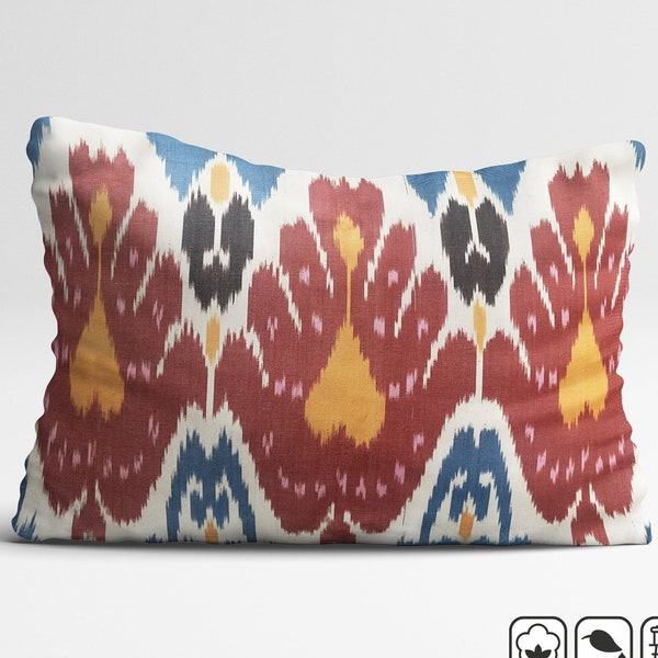 IKAT Cushion Cover from Traditional Uzbekistan Handwoven Fabric | 16x24" (40x60cm) Double Sided Ikat Pillow Cover with Bohemian Colours