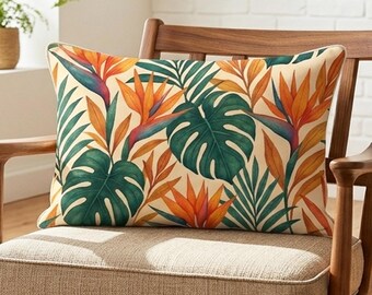 Tropical Monstera Lumbar Cushion Cover, Rectangular Bird of Paradise Pillow, Exotic Decor, 9 Sizes