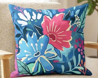 Colorful Floral Throw Pillow Cover, Abstract Botanical Cushion Case, Bright Boho Flower Decor