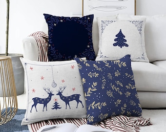 Housse de coussin de Noël bleu marine | Rennes, arbre de Noël, feuilles jaunes | 4 options | Double face sur la chenille douce avec plusieurs tailles