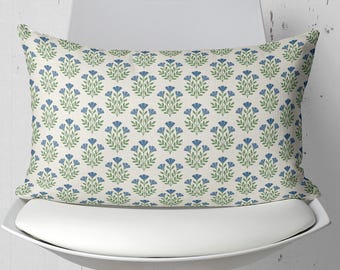 Blue Block Print Lumbar Pillow Cover, Rectangular Botanical Chenille Cushion, Long Bed Decor
