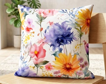 Watercolor Wildflower Cushion Cover, Colorful Floral Throw Pillow, Spring Home Decor