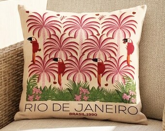 Rio de Janeiro Cushion Cover, Tropical Pink Palm Parrot Decor, Retro Maximalist Art Gift