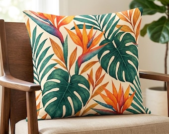 Tropical Monstera Leaf Cushion Cover, Bird of Paradise Floral Pillow, Exotic Home Decor