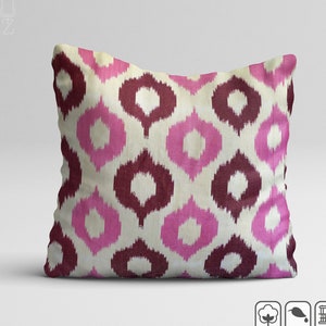 IKAT Pink Drops Cushion Cover from Handwoven Fabric | 20x20" (50x50cm) | Double Sided with Pink, Burgundy & Ivory Colours, Bohemian Covers