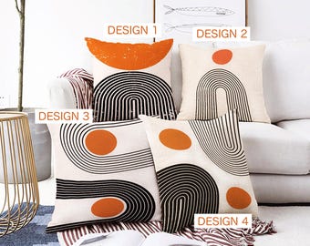Abstract Ivory Bauhaus Design Cushion Covers with Orange & Black Geometric Patterns, Double Sided on the Soft Velvet Fabric with Multi Sizes