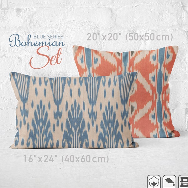 Ikat Set of 2 Handwoven Cotton Cushion Cover with Bohemian Blue, Orange, Beige from Traditional Ikat Fabrics | Original Cotton Pillow Covers