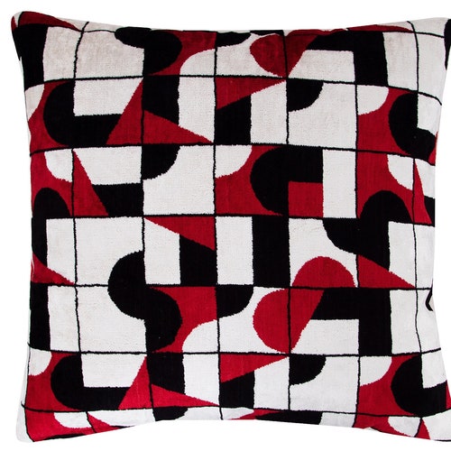 Geometric Ikat Velvet offers Pillow Cover with Red, Black & Beige Colours | Frontside is 100% Silk Velvet, Backside is Soft Red Fabric | OEKO-TEX®