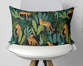 Leopard and Tropical Leaf Lumbar Pillow - Exotic Animal Print Rectangular Throw Pillow Cover
