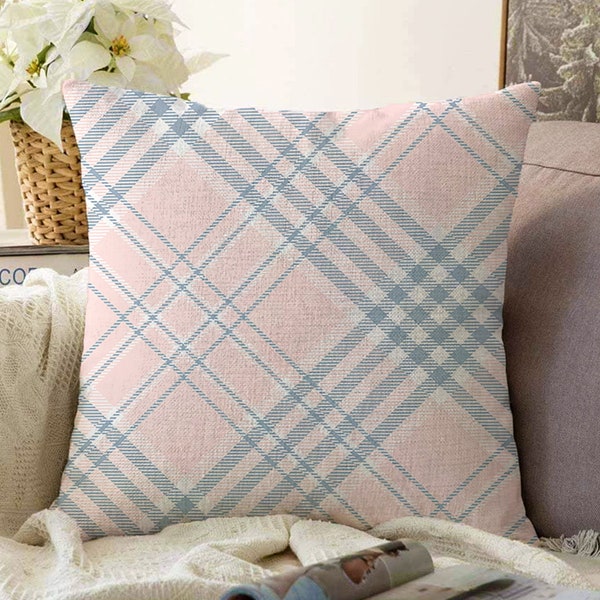 Soft Pink & Grey Plaid Pillow Cover | Tartan Pattern Cushion Cover | Double Sided Printing on Soft Chenille Fabric with Different Sizes