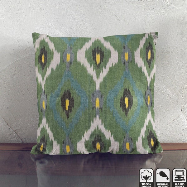 Ikat Handcraft Cotton Cushion Cover from Traditional Bohemian Ikat Fabric | 20x20" (50x50cm) Decorative Green Tones Pillowcase for Home Dec