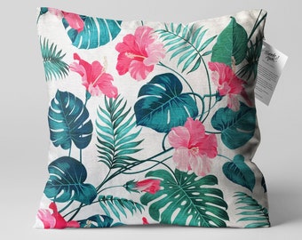 Funda de cojín tropical con flores rosas y hojas verdes/funda de almohada con estampado de doble cara en chenilla con diferentes tamaños