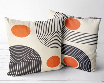 Set of 2 Abstract Decorative Cushion Covers with Orange & Black Geometric Pattern, Double Sided Printing on the Suede with 7 Different Sizes