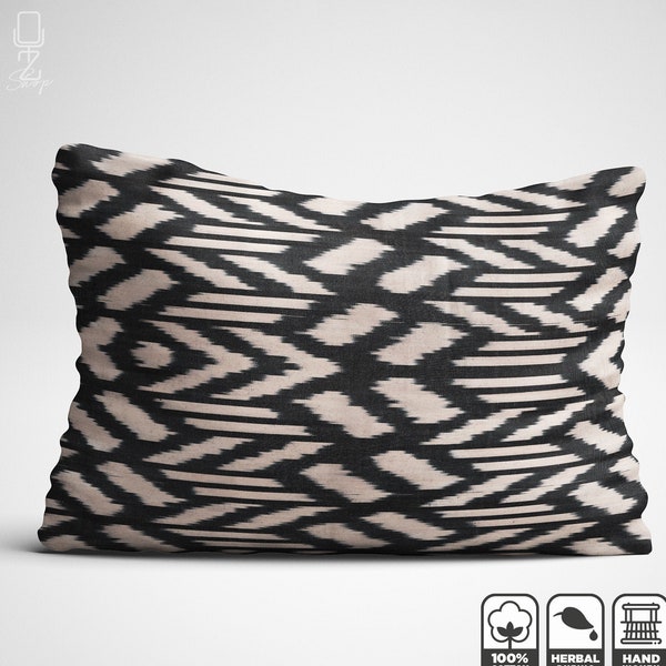 100% Cotton IKAT Cushion Cover from Traditional Handwoven Fabric | 16x24" (40x60cm) Double Side Ethnic Pillow Cover, Geometric Black & Beige