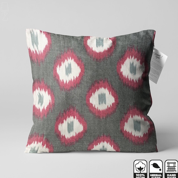 Grey Ikat Handwoven (Not Print) Pillow Cover with Ethnic Pink & White Patterns | 20x20" (50x50cm), 100% Cotton, Double Sided, Hidden Zipper