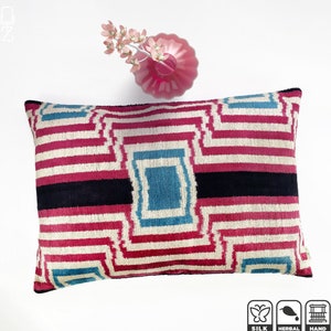 Handwoven Silk Velvet Throw Pillow with Traditional Pattern, 16"x24" (40x60cm) Front side is Pink Silk Velvet, Back side is 100% Ikat Cotton