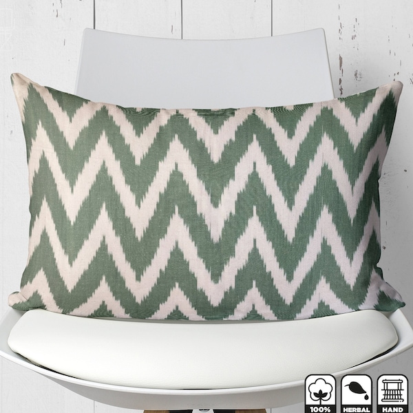 Green Zig Zag Cushion Cover from Traditional Handwoven Ikat Fabric | 16x24 Inches (40x60cm) | 100% Cotton Original Traditional Cushion Cover