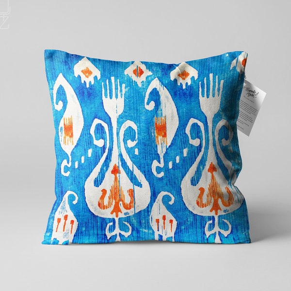 Cushion Cover from Blue & Orange Traditional Ikat Pattern | Double Sided Printing Throw Pillow Cover on the Chenille with Different Sizes