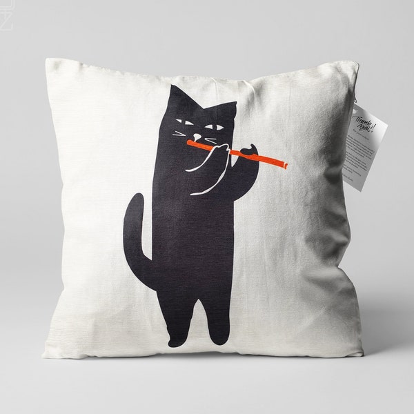 Musician Playing the Orange Flute Black Cat Cushion Cover | Double Sided Printing Throw Pillow Cover on the Chenille with Different Sizes