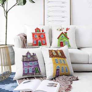 Bonitas fundas de cojín con 4 opciones, temática de casitas de colores, impresión a doble cara en tela de chenilla con diferentes tamaños, OEKO-TEX