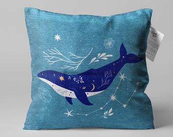 Blue Pillow Cover with Whale & Ursa Major Design | Double Sided Printing on Soft Chenille Fabric with Different Size Options | OEKO-TEX®