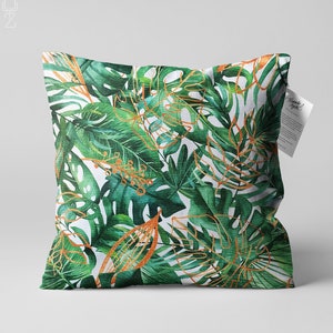 Tropical Leaves Cushion Cover Green & Orange Colours | Double Sided Printing Throw Pillow Cover on the Soft Chenille with Different Sizes