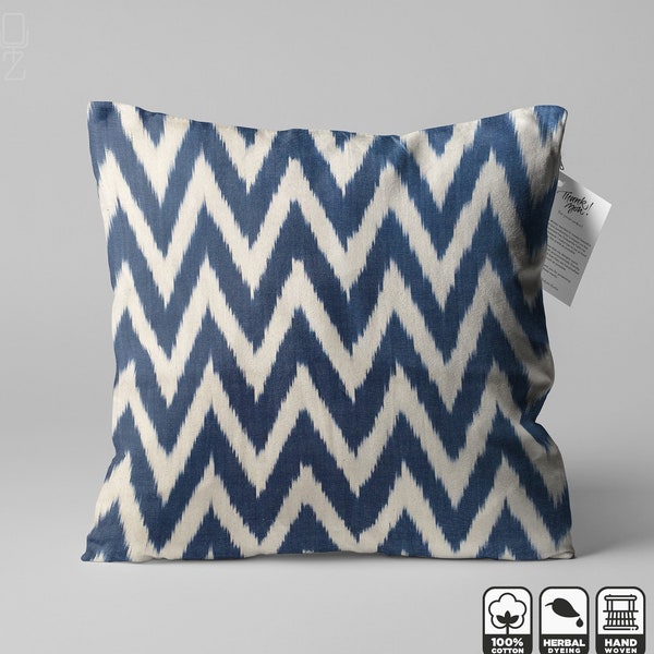 Navy Blue Zig Zag Ikat Pillow Cover from Handwoven (Not Print) Ethnic Fabrics | 20x20" (50x50cm), 100% Cotton, Double Sided, Hidden Zipper