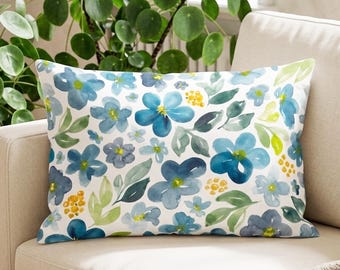 Blue Block Print Lumbar Pillow Cover, Wildflower Botanical Cushion Case, Coastal Farmhouse