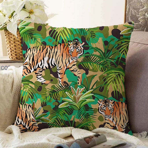 Tigers & Tropical Themed Camouflage Pattern Cushion Cover | Double Sided Printing on the Soft Chenille with Different Size Options, OEKO-TEX