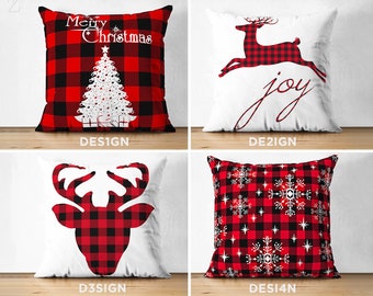 Federe per cuscini natalizi con colori rosso e nero / Motivo scozzese con albero di Natale e renne / Stampa fronte-retro su pelle scamosciata / Multidimensioni