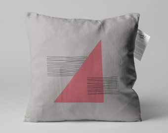 Geometric & Striped Grey Cushion Cover with Dusty Rose Triangle | Double Sided Printing Pillow Cover on the Chenille with Different Sizes