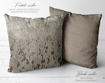 Funda de cojín de terciopelo dorado de lujo, patrón lineal de 18 "x18" (45 x 45 cm) con impresionante oro champán, funda de almohada de terciopelo beige de peso pesado