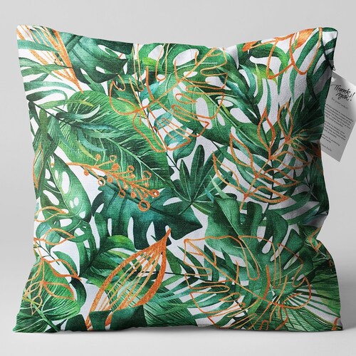 Green Tropical Cushion Cover With Palm Leaves Double Sided Etsy