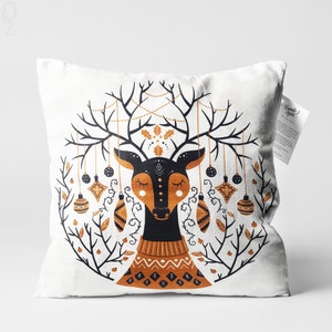 Christmas White Cushion Cover with Reindeer Themed | Black & Brown Double Sided Printing on the Chenille with Multi Size Options, OEKO-TEX®