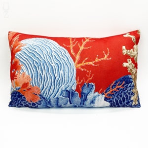 Red Decorative Cushion Cover with Blue Coral Reef | Hidden Zipper, 30x50 cm (12x20&quot;) | Double Sided, Printing on the Soft Chenille Fabric