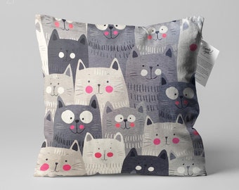 Grey Cushion with Cute Cats Themed, Double Sided Printing Pillow on the Soft Velvet Fabric with Multi Sizes, Only Cover or with Filling