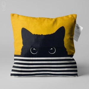 Cushion Cover with Hidden Black Cat on the Yellow Background | Double Sided Printing Throw Pillow Cover on the Chenille with Different Sizes