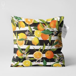 Cushion Cover with Orange & Lemon and Black Striped | Double Sided Printing on Soft Chenille Fabric with Multi Size Options | OEKO-TEX®