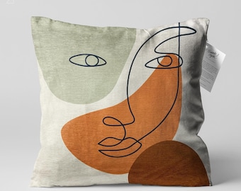 Earth Tone Abstract Face Chenille Pillow, Green and Brown Modern Art Cushion Cover