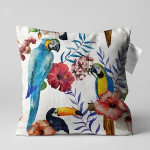 Cushion Cover with Parrots & Multicoloured Florals | Double Sided Printing Throw Pillow Cover on the Soft Chenille with Multi Size Options
