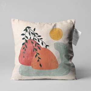 Abstract Art Cushion with Sun & Leaves Themed, Double Sided Printed Pillow on the Soft Velvet with Multi Sizes, Only Cover or with Filling
