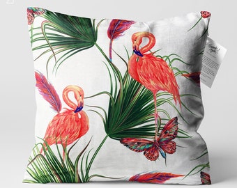 Kissenhülle mit Blatt und Flamingos | Doppelseitiger Druckkissenbezug auf dem weichen Chenille-Stoff mit mehreren Größenoptionen | OEKO-TEX®