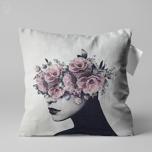Floral Cushion Cover with Abstract Women Face Themed | Double Sided Printing on the Soft Chenille Fabric with Multi Size Options, OEKO-TEX