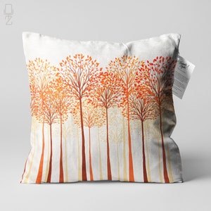 Abstract White Cushion Orange Tall Trees Themed, Double Sided Pillow on the Soft Velvet Fabric with Multi Sizes, Only Cover or with Filling