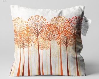 Abstract White Cushion Orange Tall Trees Themed, Double Sided Pillow on the Soft Velvet Fabric with Multi Sizes, Only Cover or with Filling