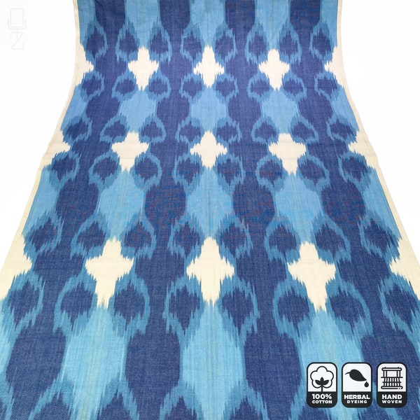 Blue Traditional Ikat Handwoven Fabric for Table Runner | 100% Cotton with Blue & White Herbal Dye Colours, Ikat Fabric 65 cm (25.59") Width