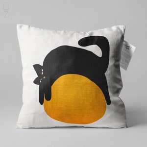 White Cushion Cover with Lazy Black Cat on the Orange Ball Design | Double Sided Printing Throw Pillow on the Chenille with Different Sizes